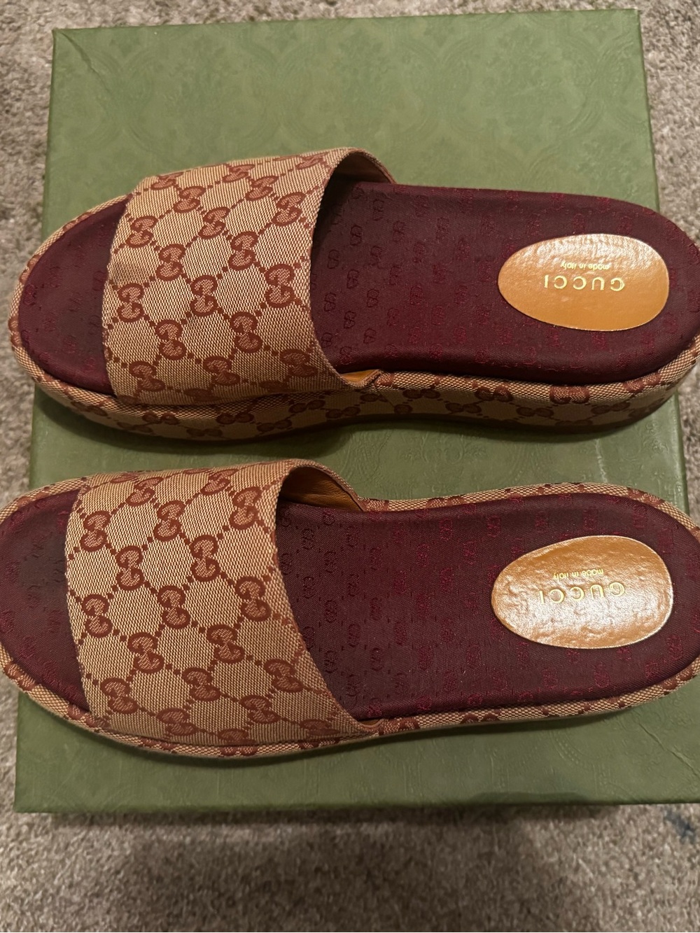 Gucci Beige Brown Monogram Platform Slide Mules